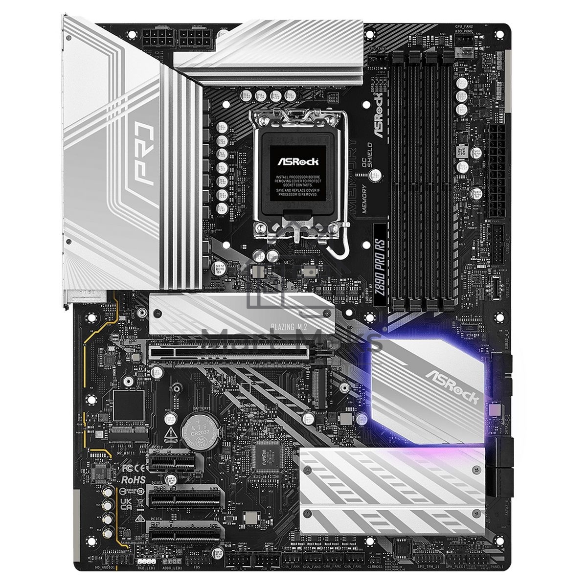 Материнская плата ASROCK Z890 PRO RS, LGA1851, Intel Z890, 4xDDR5, 4xSATA, 4xM.2, 1xPCIe 5.0 x16, 2xThunderbolt 4, 1xUSB-A 3.2 Gen 2, 6xUSB-A 3.2 Gen 1, 4xUSB 2.0, 1xHDMI, 1xDP, 1x2.5Gb LAN, 3x3.5 мм, 7.1, ATX