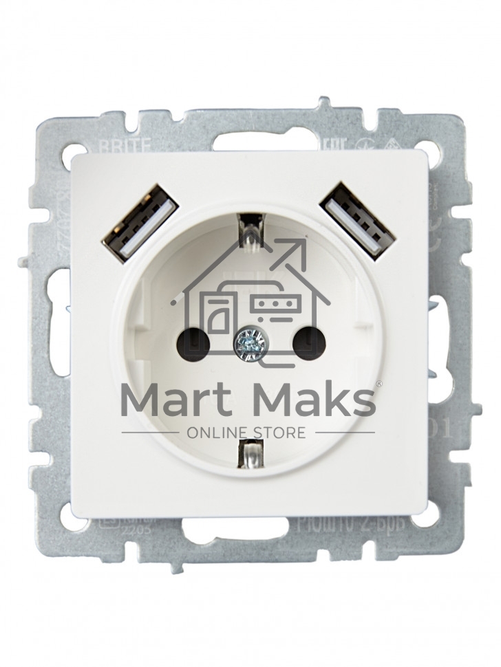Розетка 1-местная IEK BRITE РЮш10-2-БрБ (BR-R14-16-U21-D31-K01) с заземлением, с защитными шторками, 16А, с USB A+A 5В 3,1А, белый
