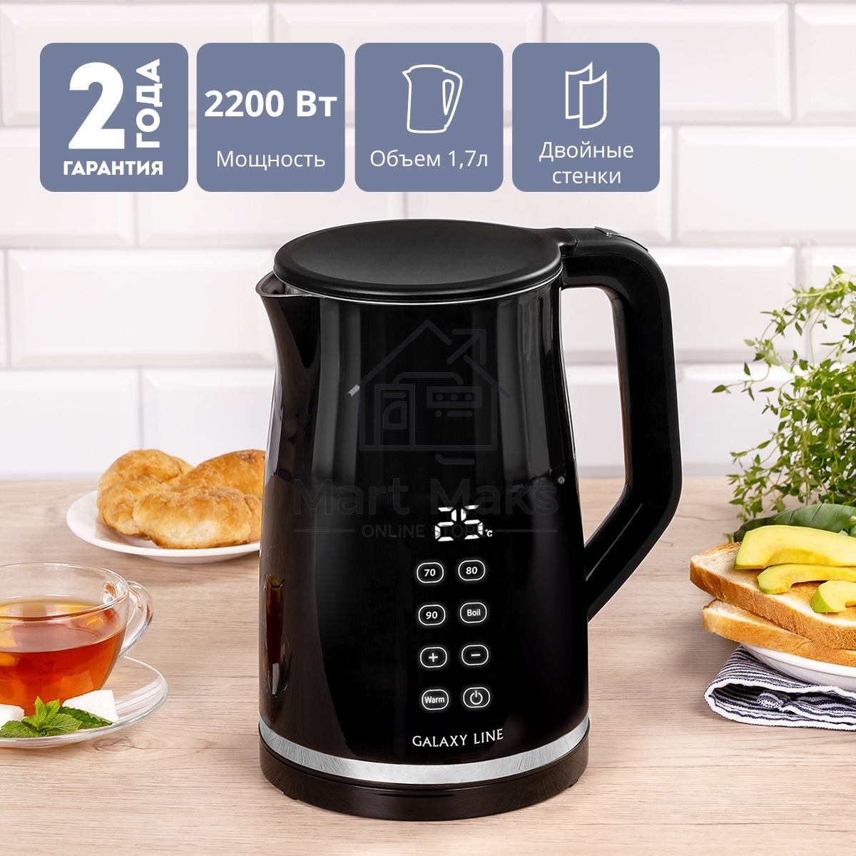 Чайник электрический Galaxy Line GL 0337, черный, пластик, 2200 Вт, 1,7 л