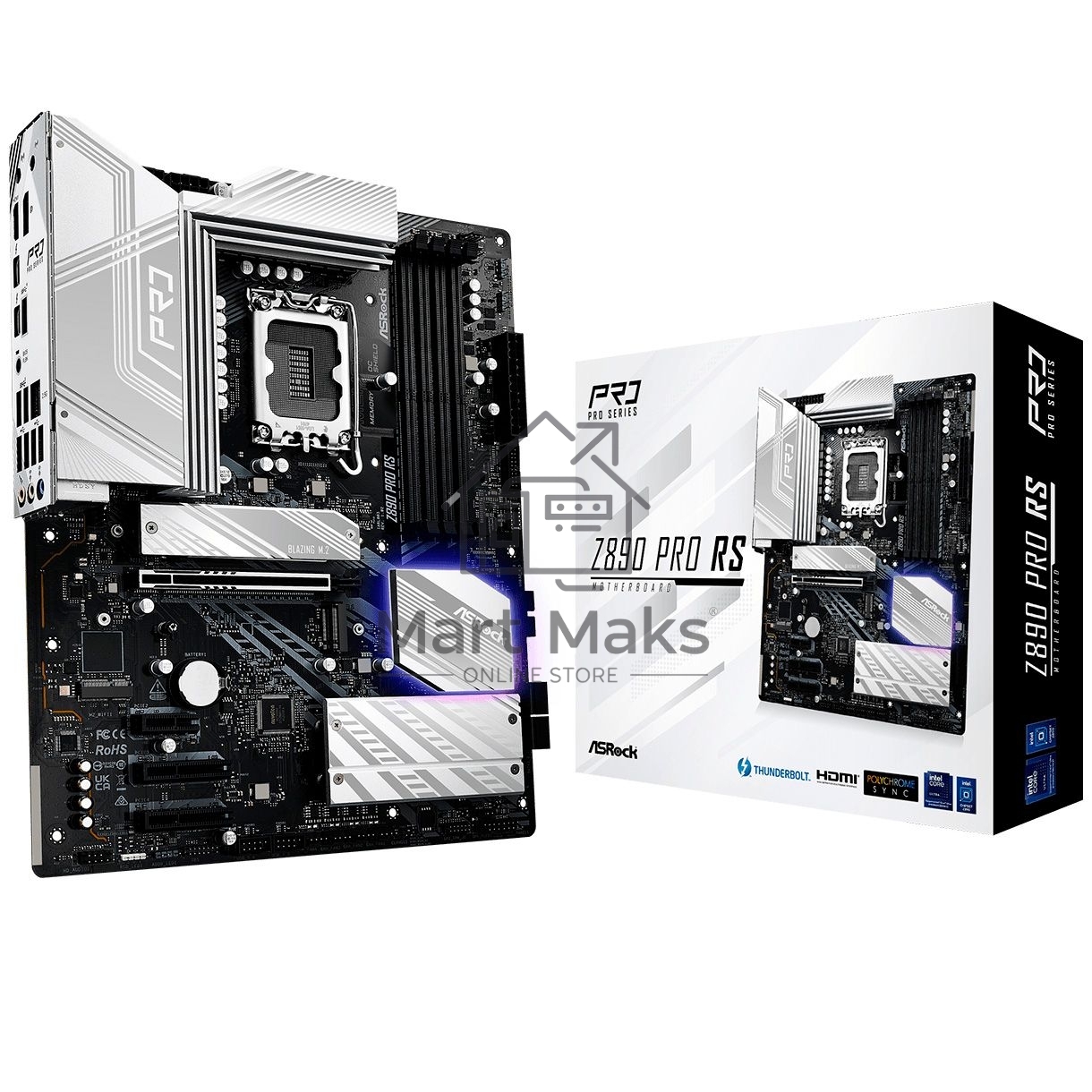 Материнская плата ASROCK Z890 PRO RS, LGA1851, Intel Z890, 4xDDR5, 4xSATA, 4xM.2, 1xPCIe 5.0 x16, 2xThunderbolt 4, 1xUSB-A 3.2 Gen 2, 6xUSB-A 3.2 Gen 1, 4xUSB 2.0, 1xHDMI, 1xDP, 1x2.5Gb LAN, 3x3.5 мм, 7.1, ATX