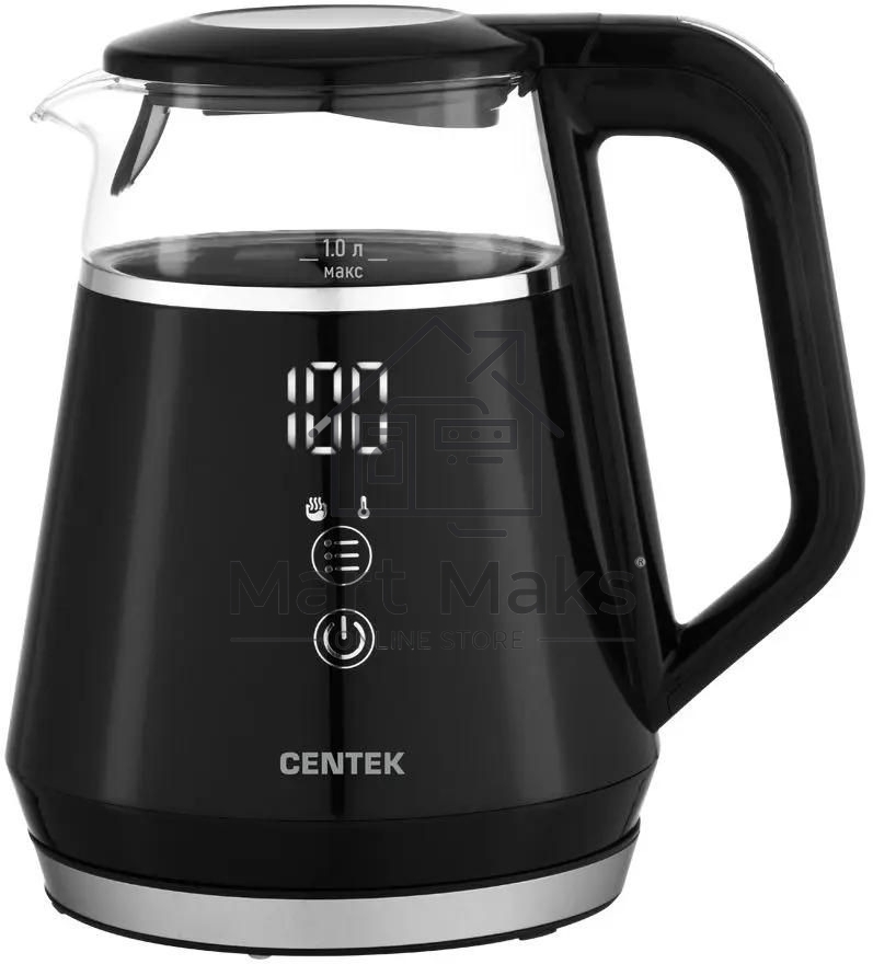 Чайник Centek CT-0019, 1100Вт стекло, черный и серебристый