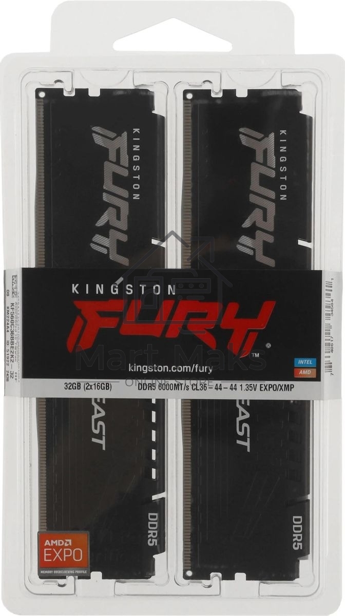 Оперативная память Kingston Fury Beast, DDR5, 32GB (2x16GB), 6000MHz, CL36, DIMM, с радиатором, черный