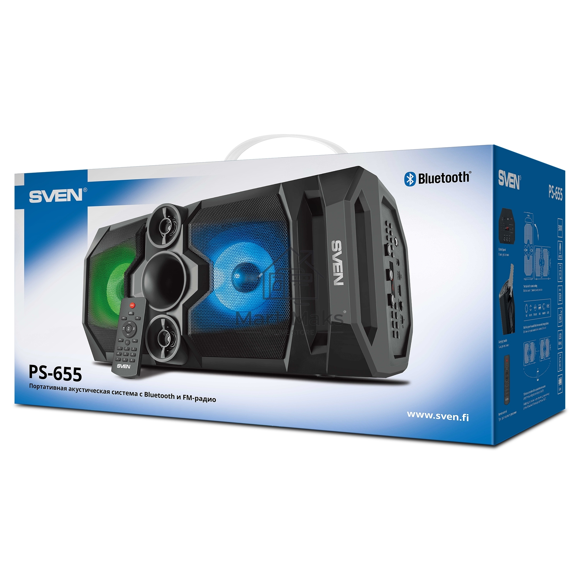 Мобильные колонки SVEN PS-655 2.0 чёрные (2x25W, mini Jack, USB Type-C, USB flash, Bluetooth, FM, micro SD, ПДУ, LED экран, 4400 мA, RGB подсветка)
