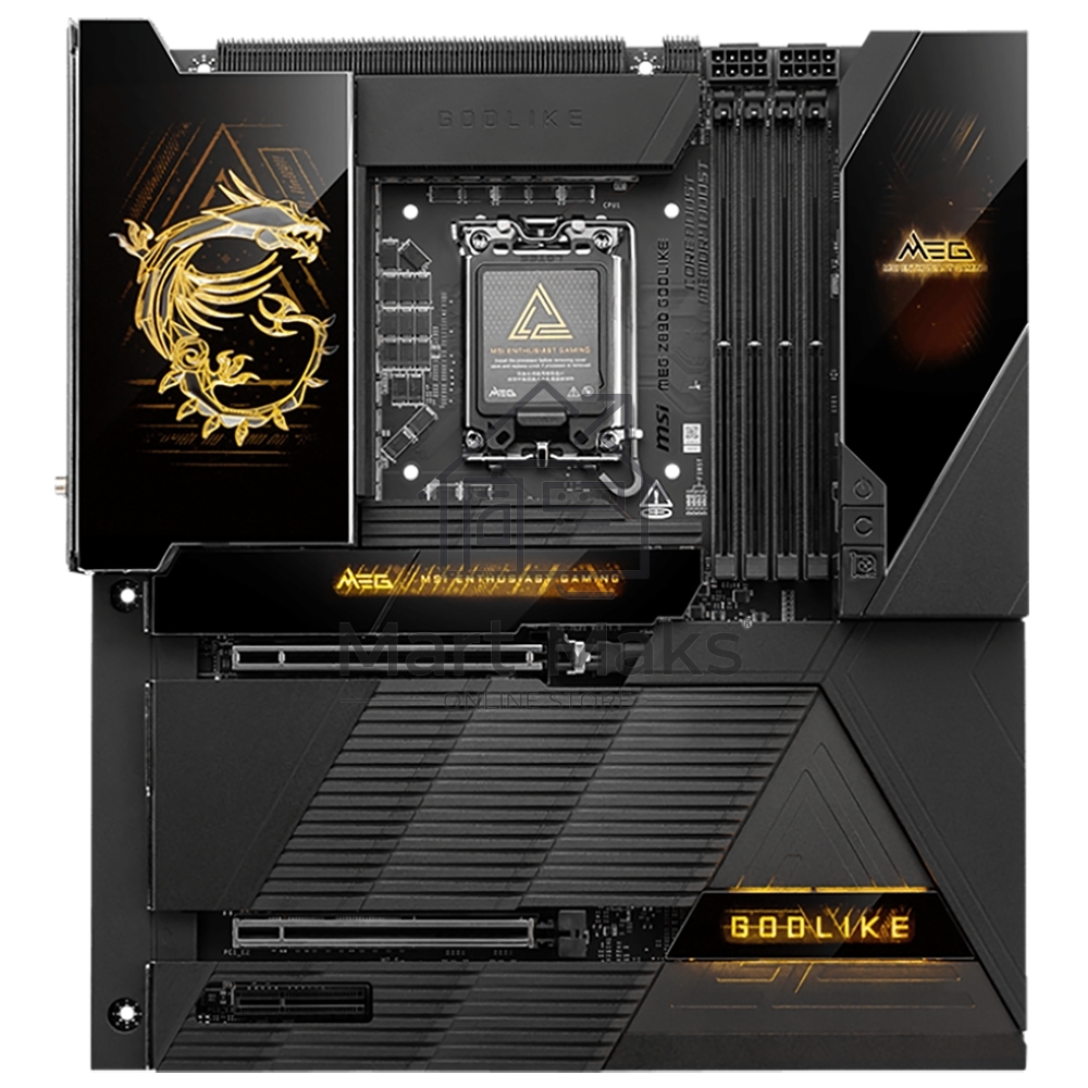 Материнская плата MSI MEG Z890 GODLIKE, LGA1851, Intel Z890, 4xDDR5, 4xSATA, 8xM.2, 2xPCIe 5.0 x16, 1xPCIe 4.0 x4, 2xThunderbolt 4 (40Gbps), 1x10G LAN, 1x5Gb LAN, Wi-Fi 7, Bluetooth 5.4, 5xUSB-C 10Gbps, 1xUSB-C 20Gbps, 8xUSB-A 10Gbps, 4xUSB-A 5Gbps, 4xUSB