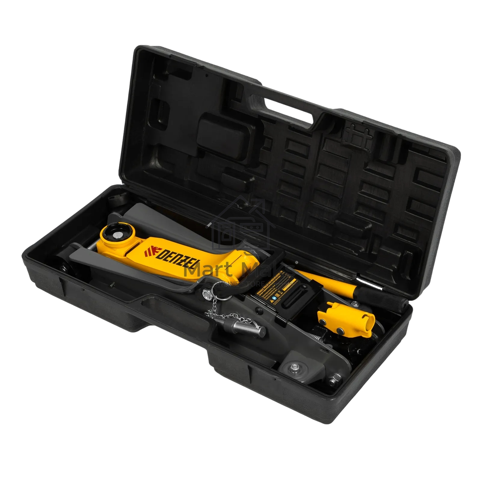 Домкрат гидравлический подкатной с фиксатором Denzel 2,5 т,85-385 мм, в пласт. кейсе