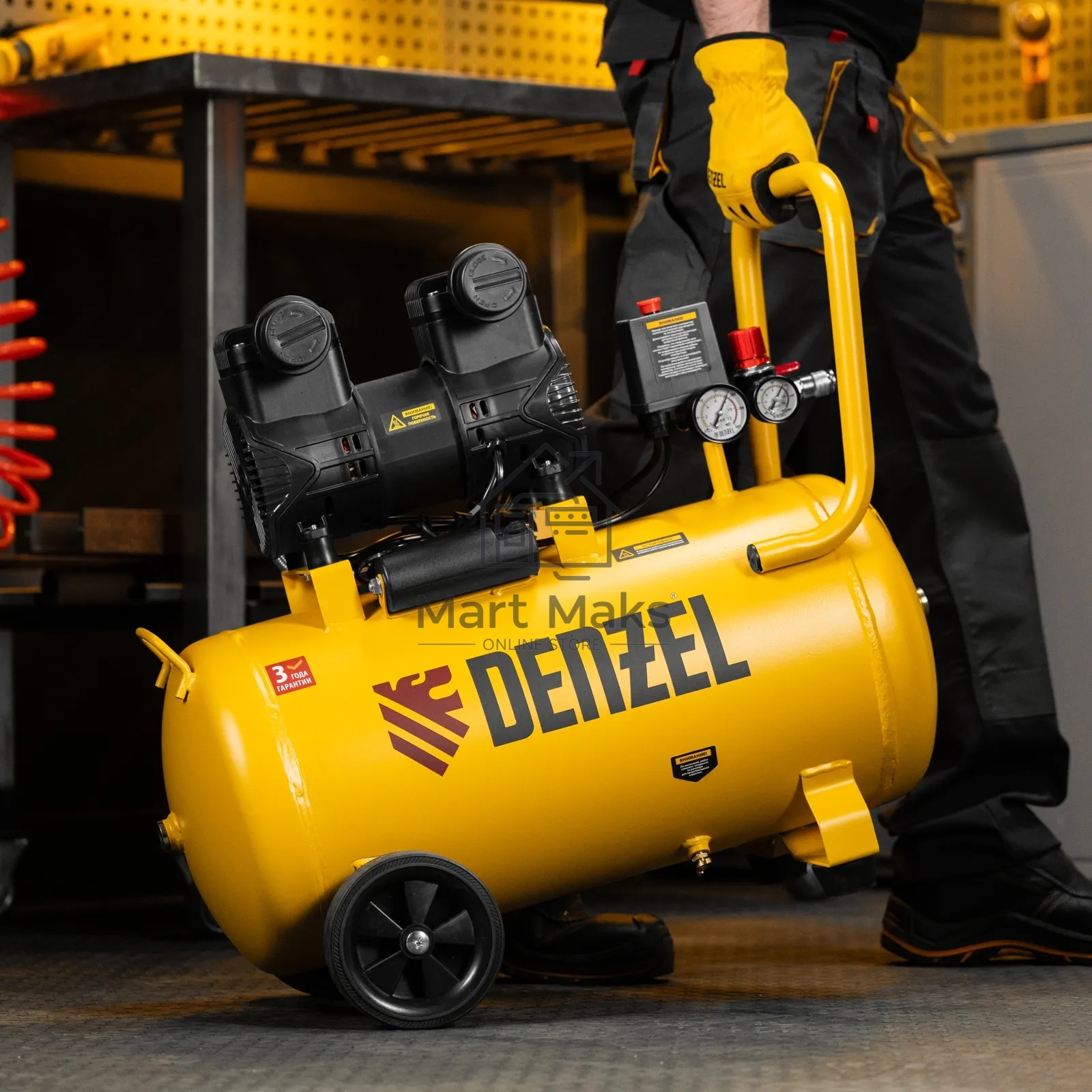 Компрессор безмасляный малошумный Denzel DLP-1500/50, 1,5 кВт, 50 л, 2850 об/мин, 250 л/мин