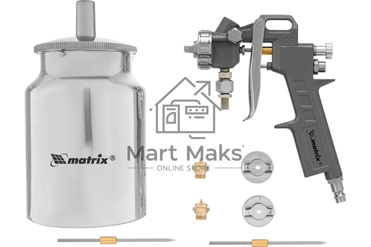 Краскопульт пневматический MATRIX 57316с нижним бачком v=10k + сопладиаметром 1.2 1.5 и 1.8мм