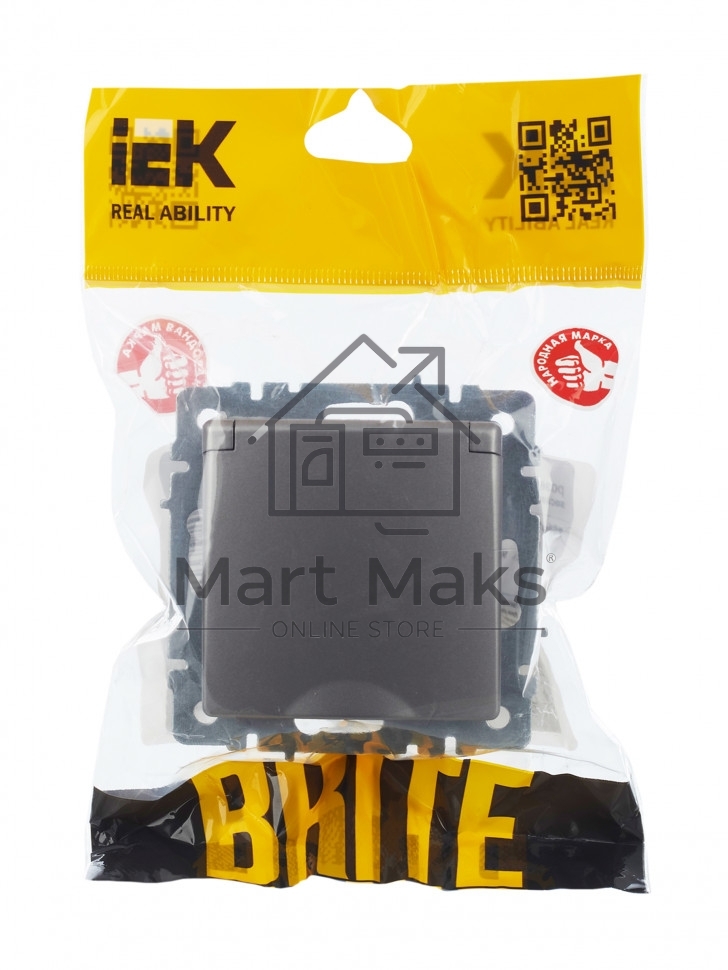 Розетка 1-местная IEK BRITE РСбш10-3-44-БрС с заземлением, с защитными шторками и крышкой, 16А, IP44, сталь