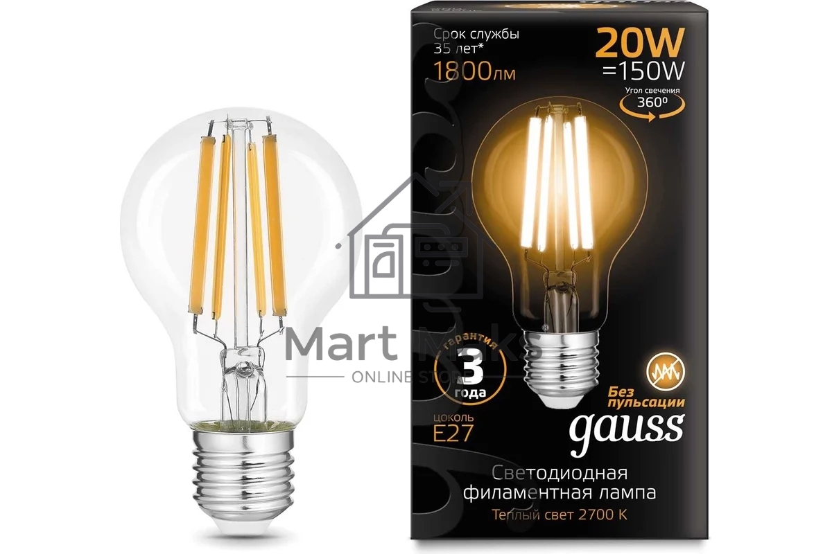 Лампа cветодиодная Gauss Filament А60 20W 1800lm 2700К Е27 LED 1/10/40