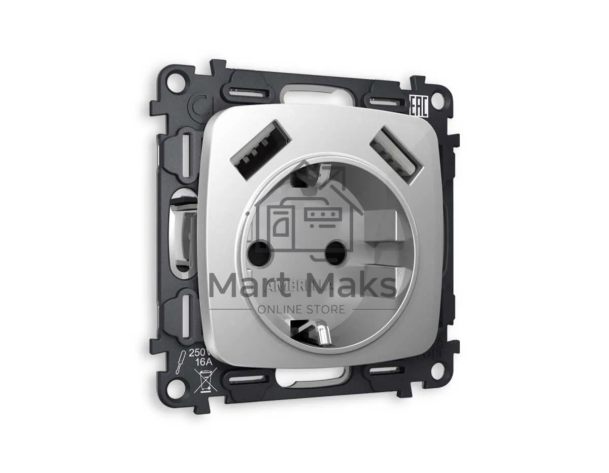 Комплект механизма электрической розетки OMEGA Серебро глянец 2USB A+A 18W (быстрая зарядка) с/з QUANT (OP4090, VM155) MO409010