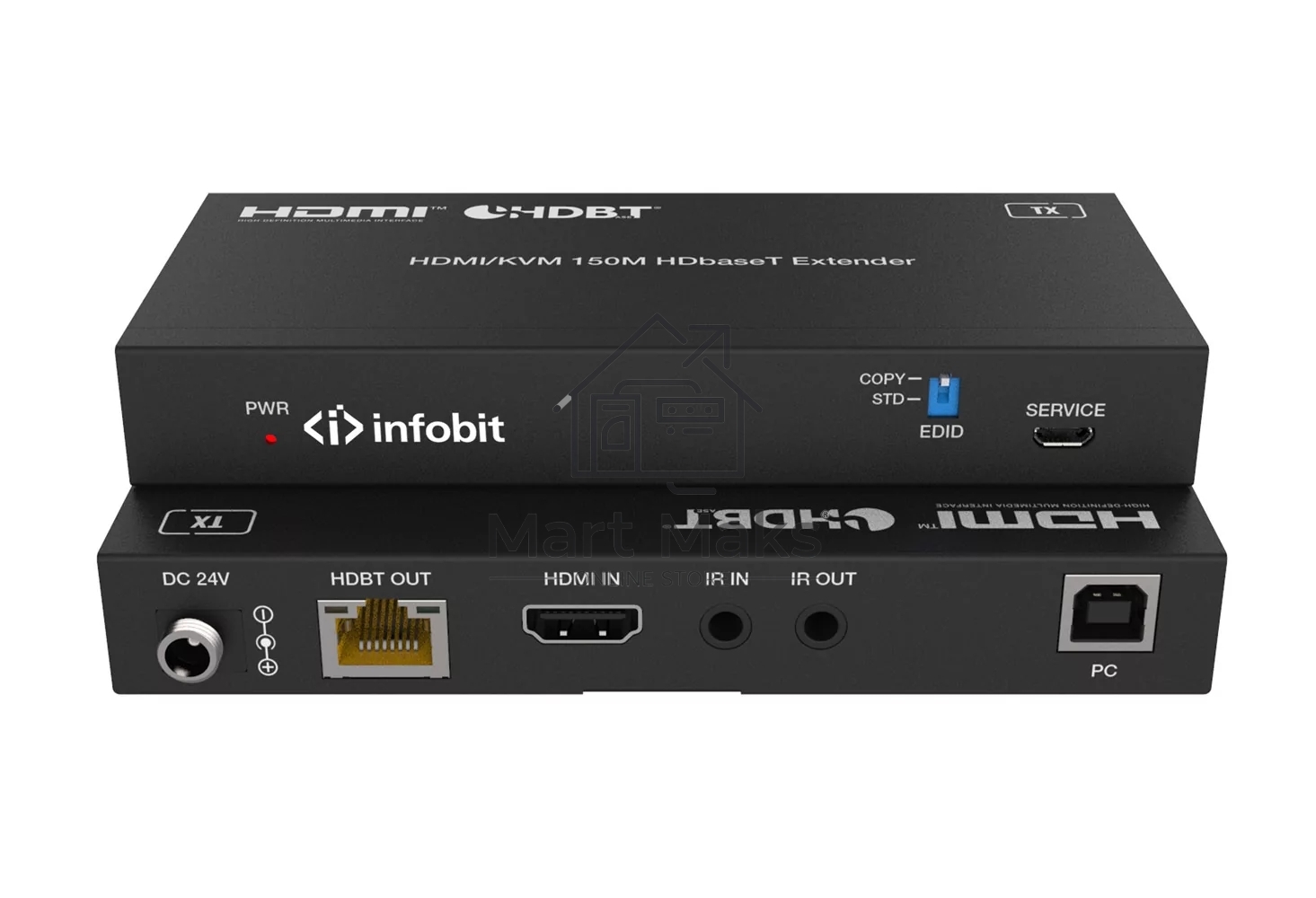 Удлинитель сигнала Infobit E150SK HDBaseT (Tx и Rx), HDMI 18,0 Гбит/с, 150 м для 1080p, 120 м для 4K/60 Гц., KVM, Двунаправленный ИК и RS232, POC, HDCP 2.2, Комплект.