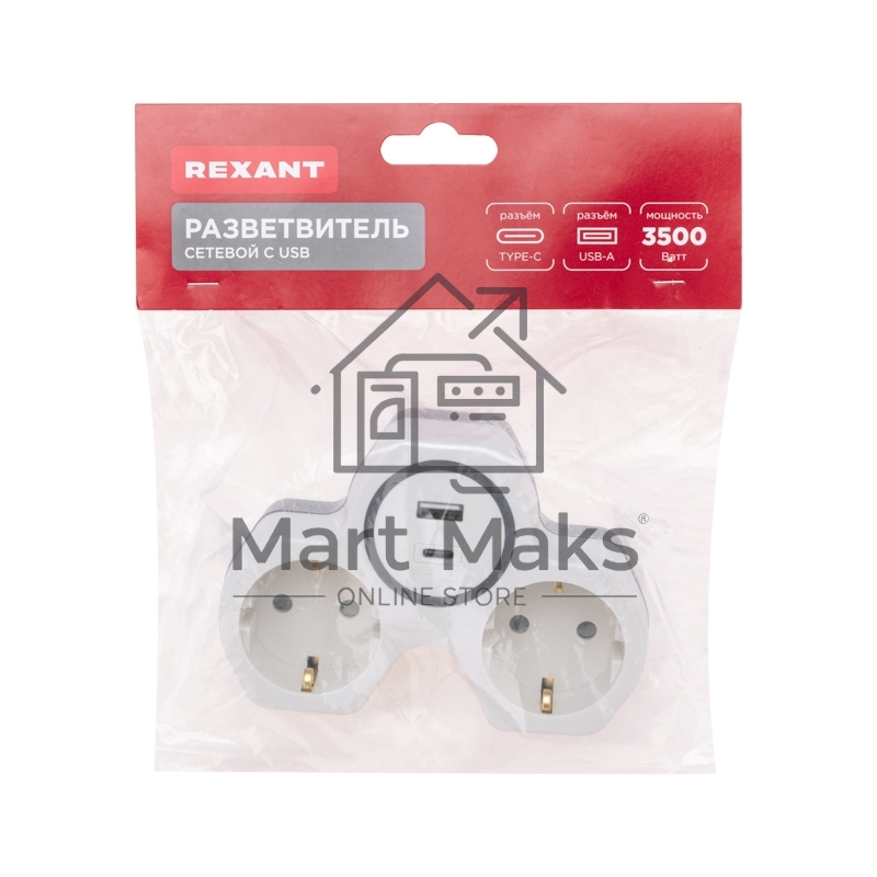 Двойник Rexant электрический (разветвитель) 16А с/з + USB-A + USB-C с защитными шторками, белый