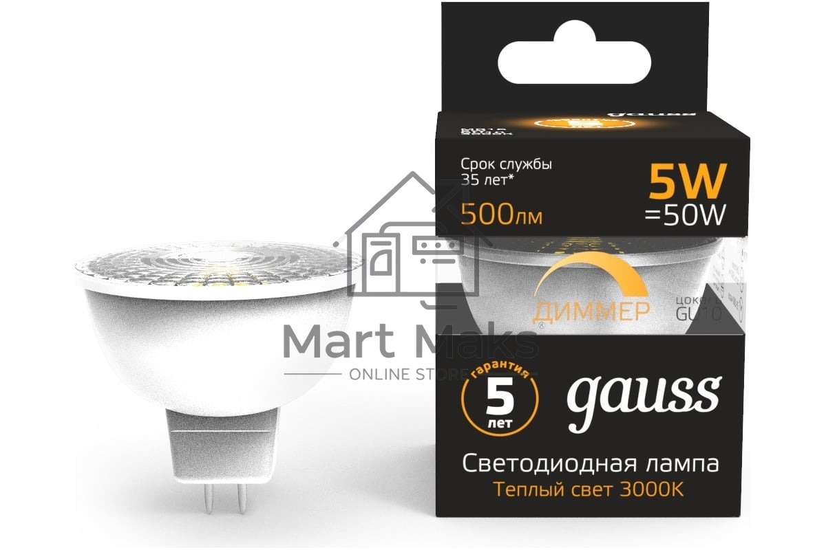 Лампа светодиодная Gauss Led MR16 GU10-dim 5Вт 3000К диммируемая 101506105-D