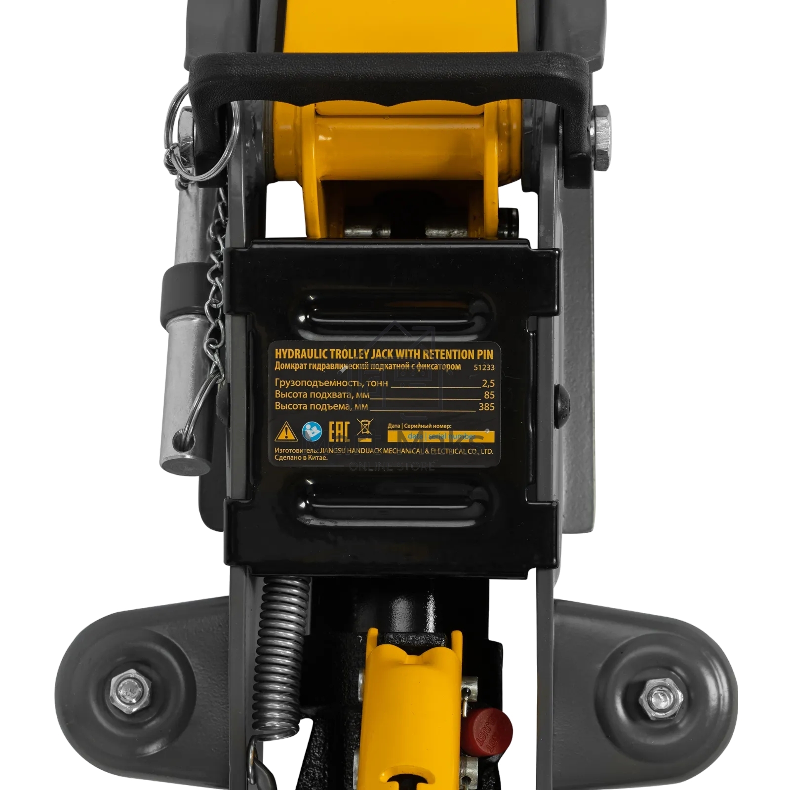 Домкрат гидравлический подкатной с фиксатором Denzel 2,5 т,85-385 мм, в пласт. кейсе