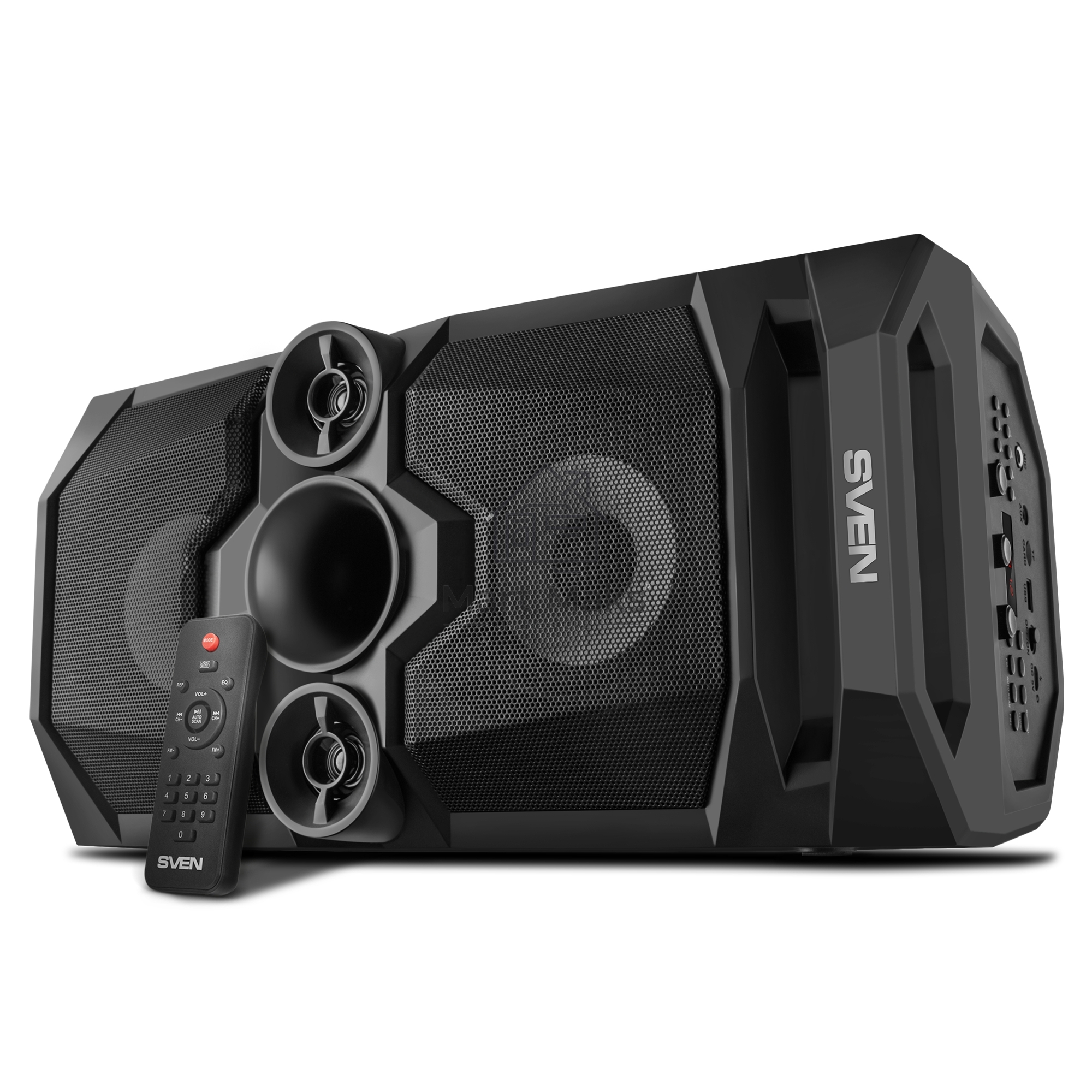 Мобильные колонки SVEN PS-655 2.0 чёрные (2x25W, mini Jack, USB Type-C, USB flash, Bluetooth, FM, micro SD, ПДУ, LED экран, 4400 мA, RGB подсветка)