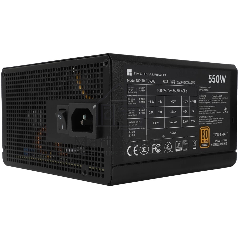 Блок питания Thermalright TR-TB550S, 550W 80+ Bronze (ATX, 3, Non-modular, 1x24(20+4)pin 550mm, 1xCPU*2 8(4+4)pin 600+150mm, 1xPCIe 8(6+2)pin 450mm, 1xSATA*3+MOLEX4pin*1 400+150+150+150mm, 1xSATA*2+MOLEX4pin*2 400+150+150+150mm, Active, 120x120mm, 150x140