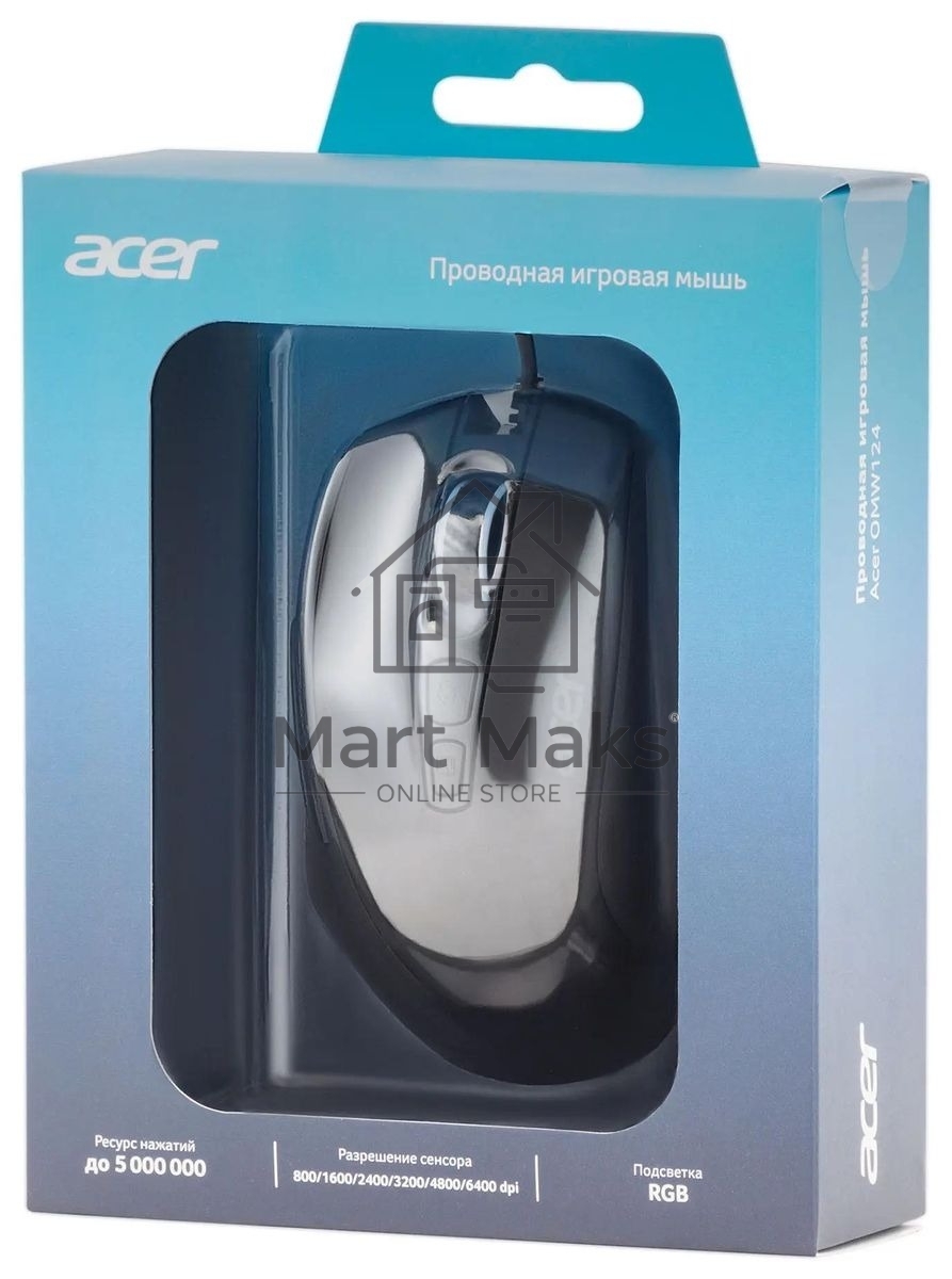 Мышь проводная Acer OMW124 черный, 6400 dpi, USB, кнопки - 8