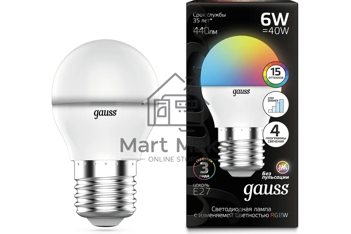Лампа светодиодная Gauss G45 6W E27 шар RGbW димирование LED 1/100