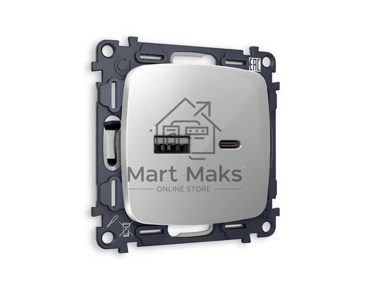 Комплект механизма розетки OMEGA Серебро глянец 2USB A+C 20W (быстрая зарядка) QUANT (OP4110, VM177) MO411010