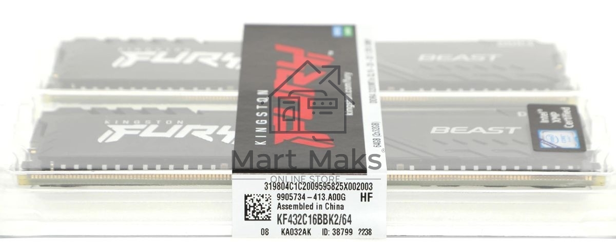 Оперативная память Kingston Fury Beast, DDR4, 64GB (2x32GB), 3200MHz, CL16, DIMM, черный