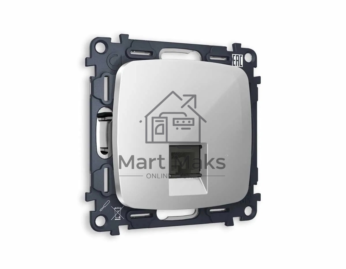 Комплект механизма компьютерной розетки OMEGA Серебро глянец RJ-45(8P8C) CAT6 с шторкой QUANT (OP4120, VM188) MO412010