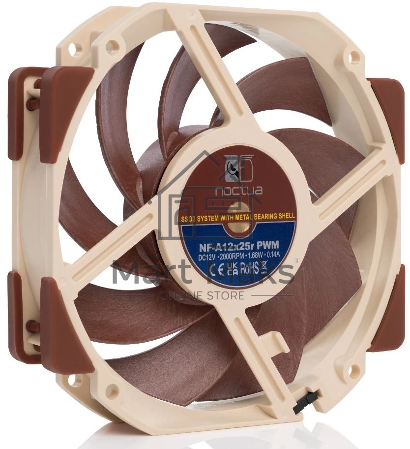 Вентилятор корпусной Noctua NF-A12x25r PWM, 120x25 мм, 0-2000 об/мин, 22.6 дБ, 4-pin PWM, 102.1 м³/ч, 2.34 мм H₂O, подшипник SSO2, бежево-коричневый