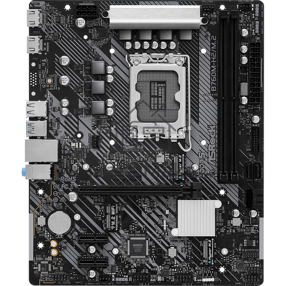 Материнская плата ASRock B760M-H2/M.2, LGA 1700, Intel B760, 2xDDR5, 4xSATA, 2xM.2, 1xPCIe 4.0 x16, 2xPCIe x1, 2xHDMI, 1x2.5Gb LAN, 2xUSB-A 3.2 Gen 1, 3xUSB 2.0, 3x3.5 мм, 7.1, mATX