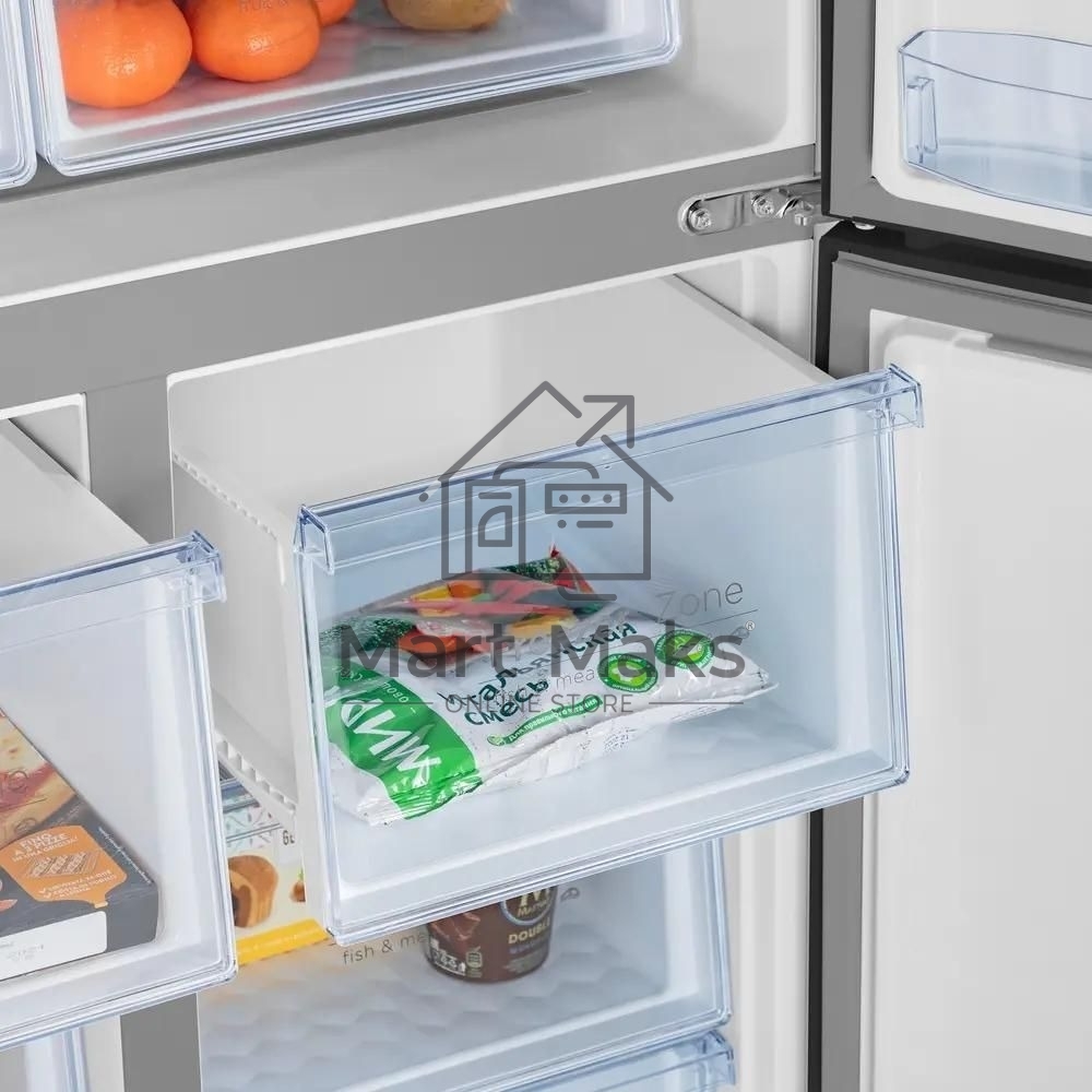 Холодильник Maunfeld MFF181NFB черный глянцевый, трехкамерный, 333/164л, морозилка сбоку, No Frost, Side by Side