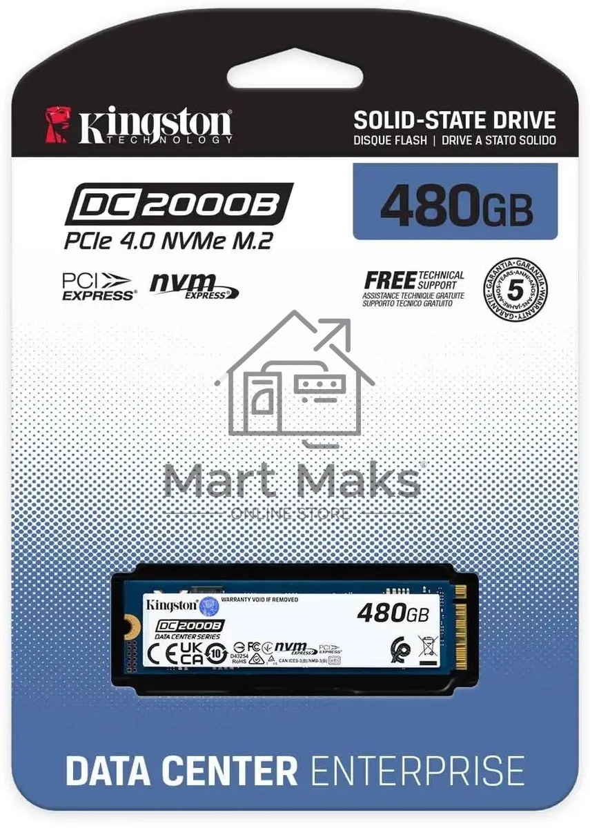 Накопитель SSD Kingston DC2000B, 480GB, PCIe 4.0 x4, M.2 2280, R/W 7000/800