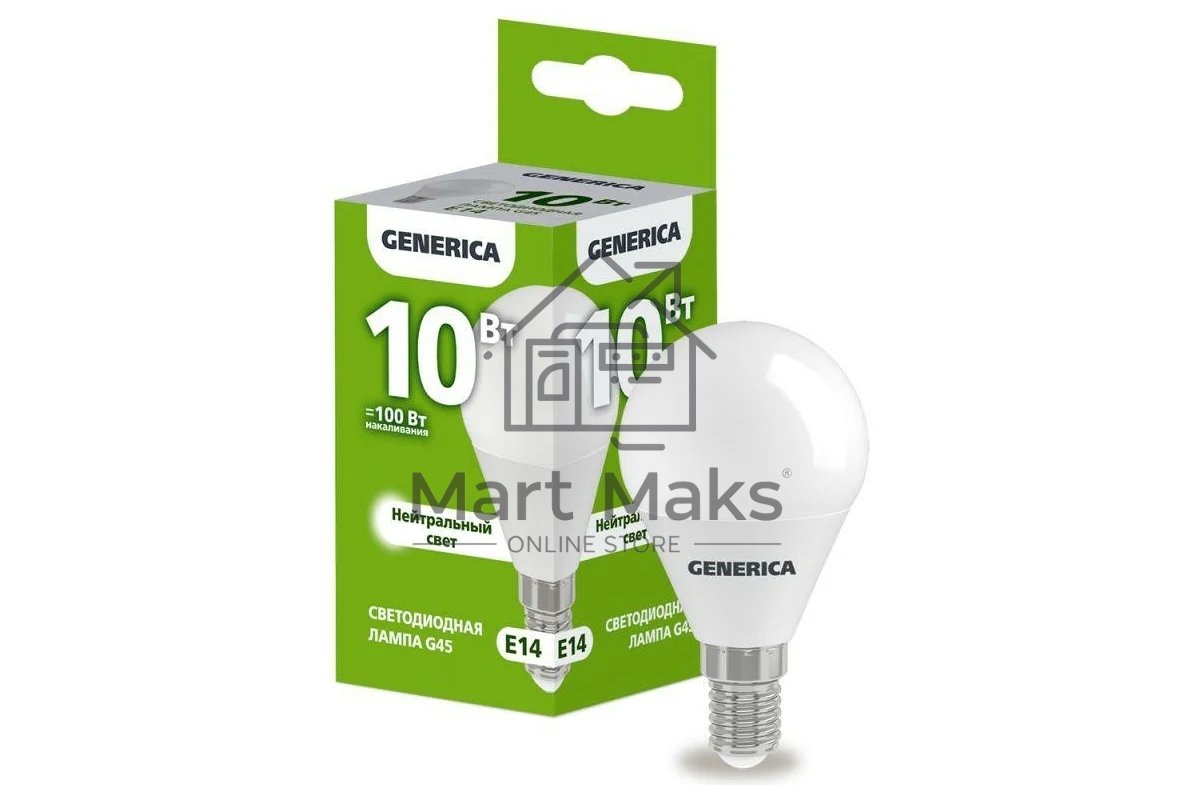 Лампа светодиодная GENERICA LL-G45-10-230-40-E14-G G45 10 Вт шар 4000К E14 230В