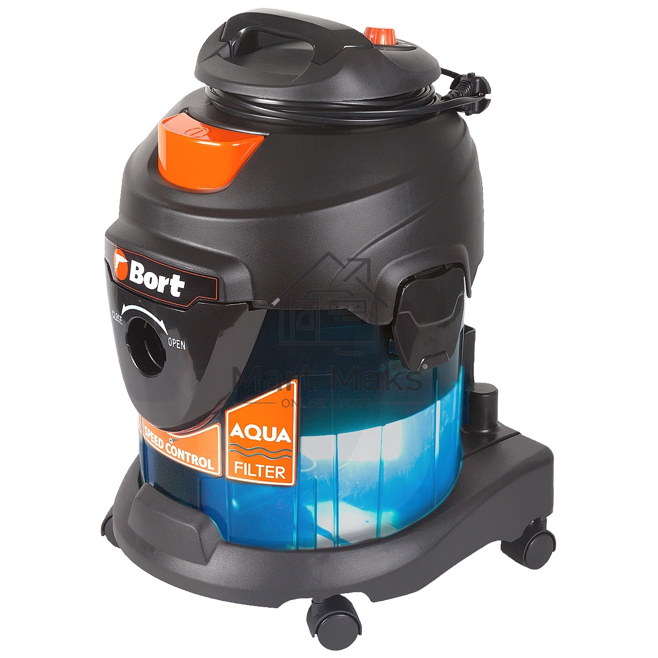Строительный пылесос Bort BSS-1415-Aqua черный/синий, 200/1400 Вт, уборка сухая/влажная, пылесборник мешок/контейнер, 15 л