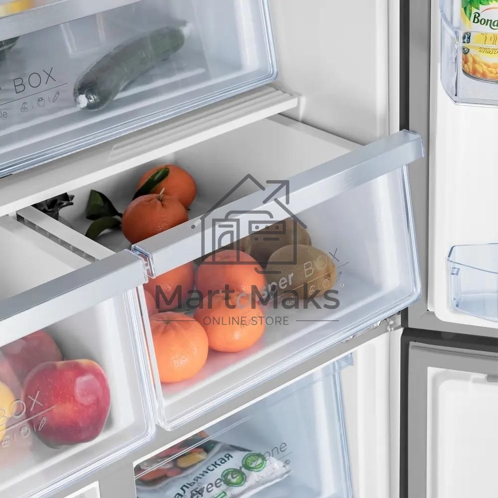 Холодильник Maunfeld MFF181NFB черный глянцевый, трехкамерный, 333/164л, морозилка сбоку, No Frost, Side by Side