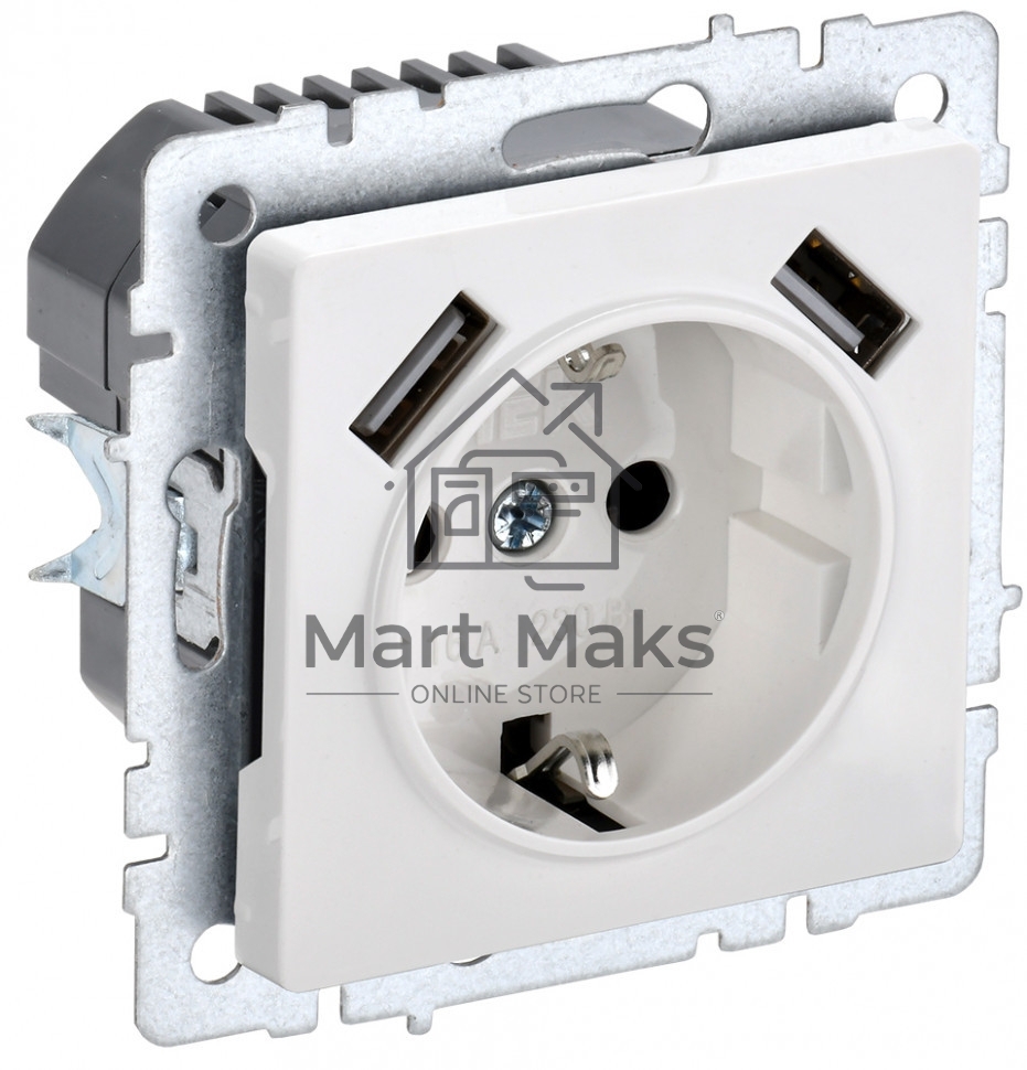 Розетка 1-местная IEK BRITE РЮш10-2-БрБ (BR-R14-16-U21-D31-K01) с заземлением, с защитными шторками, 16А, с USB A+A 5В 3,1А, белый