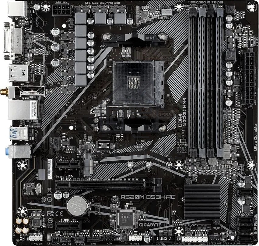 Материнская плата Gigabyte A520M DS3H AC, AM4, AMD A520, 4xDDR4, 4xSATA, 1xM.2, 1xPCIe 3.0 x16, 2xPCIe x1, 1xHDMI, 1xDP, 1xDVI-D, 1x 1Gb LAN, Wi-Fi, Bluetooth, 4xUSB-A 3.2 Gen 1, 2xUSB-A 2.0, 3x3.5 мм, 7.1, mATX