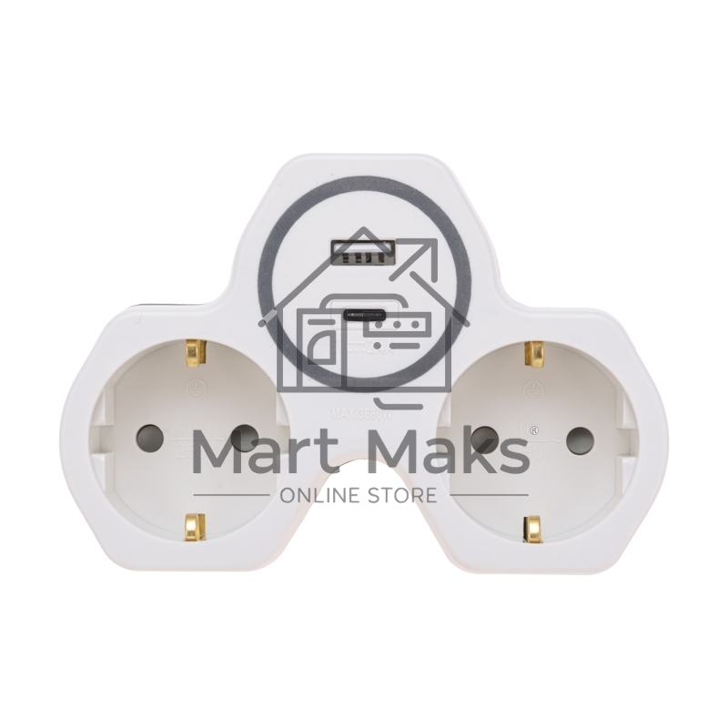 Двойник Rexant электрический (разветвитель) 16А с/з + USB-A + USB-C с защитными шторками, белый