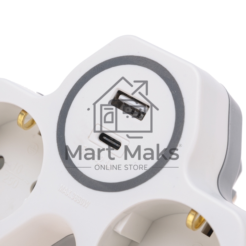 Двойник Rexant электрический (разветвитель) 16А с/з + USB-A + USB-C с защитными шторками, белый