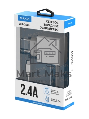 Сетевое зарядное устройство Maxvi CHL-240L Lightning 2.4A, литой кабель 1.2м, белый