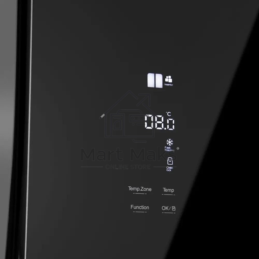 Холодильник Maunfeld MFF181NFB черный глянцевый, трехкамерный, 333/164л, морозилка сбоку, No Frost, Side by Side