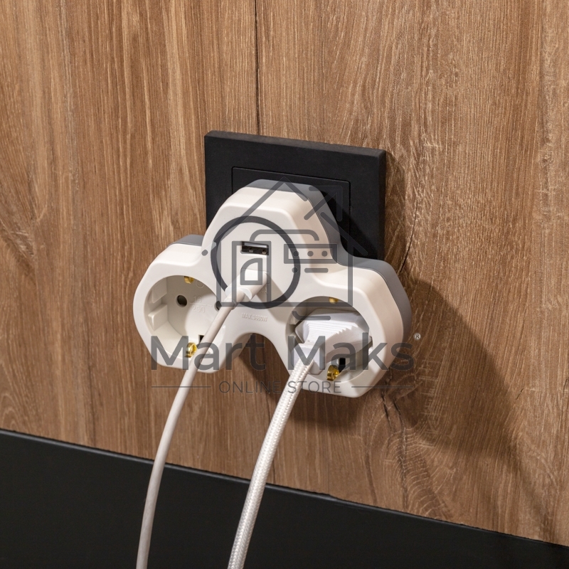 Двойник Rexant электрический (разветвитель) 16А с/з + USB-A + USB-C с защитными шторками, белый