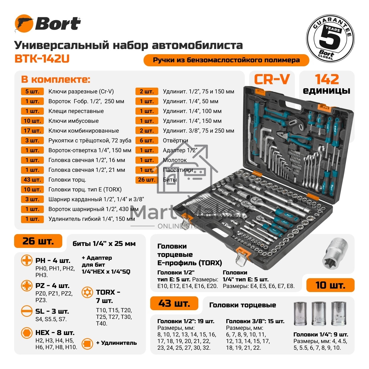 Набор ручного инструмента Bort BTK-142U