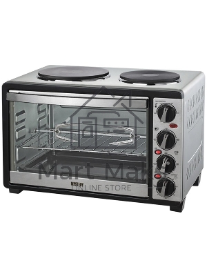 Мини-печь Mystery MOT-3330 (нержавеющая сталь, 1500 Вт, 2 конфорки, гриль, съемный вертел)
