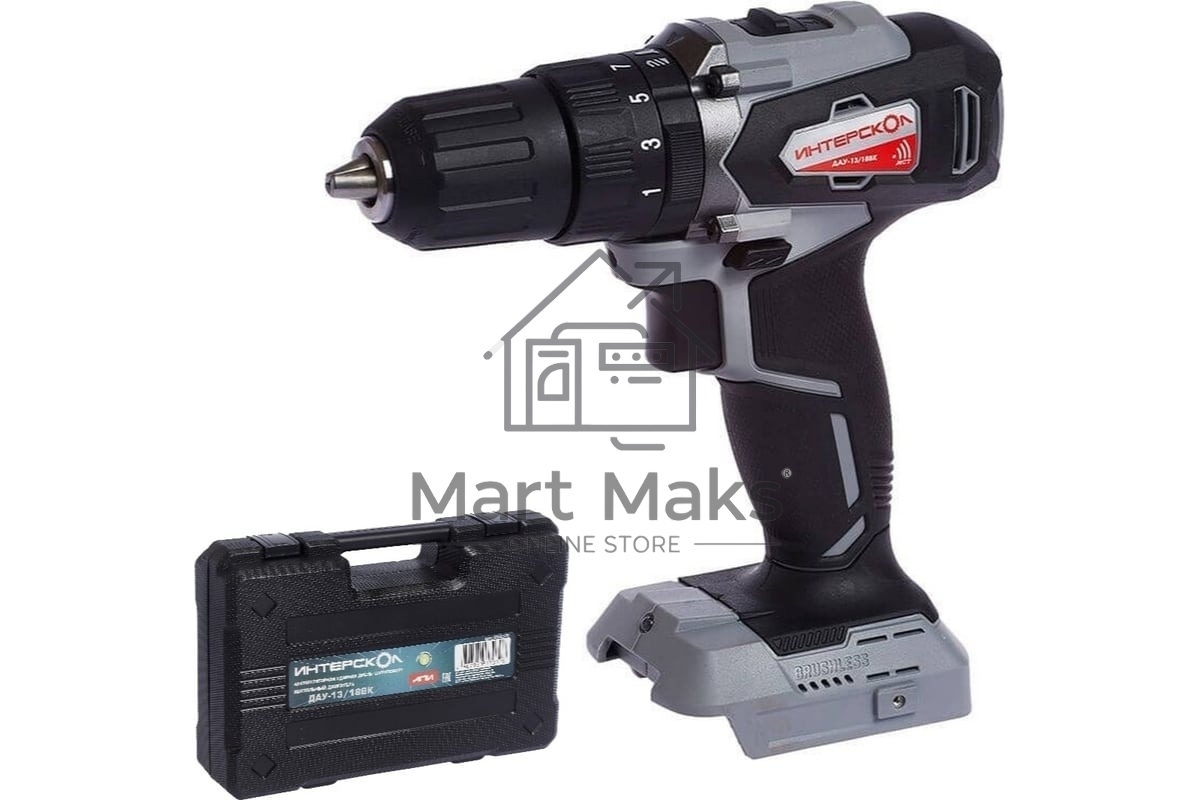 Дрель-шуруповерт аккумуляторная ИНТЕРСКОЛ ДАУ-13/18ВК, Аккумуляторный, 18В, Без АКБ и ЗУ, Ударный, Кейс