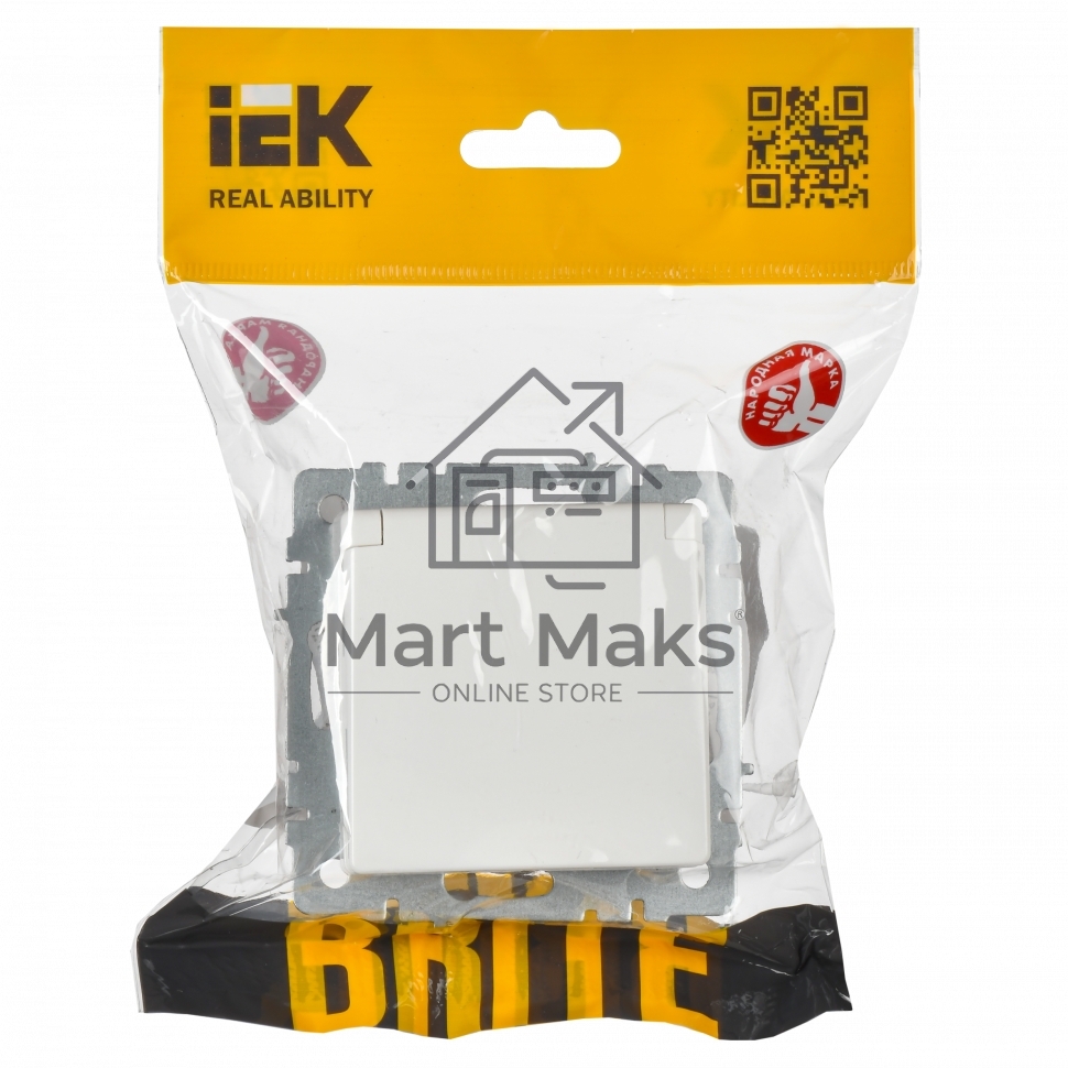 Розетка 1-местная IEK BRITE РСбш10-3-БрБ (BR-R16-16-K01) с заземлением, с защитными шторками и крышкой, 16А, IP20, белый