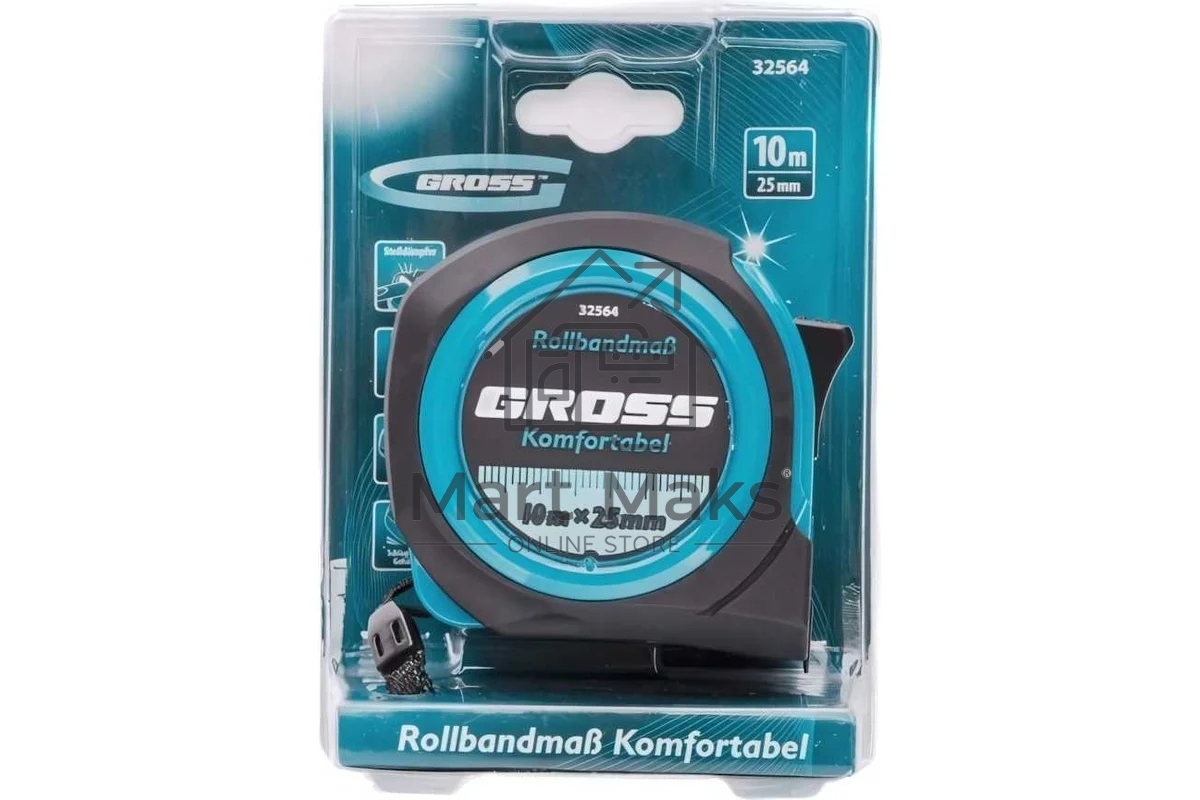 Рулетка GROSS Komfortabel, 10 м х 25 мм обрезиненный корпус 32564