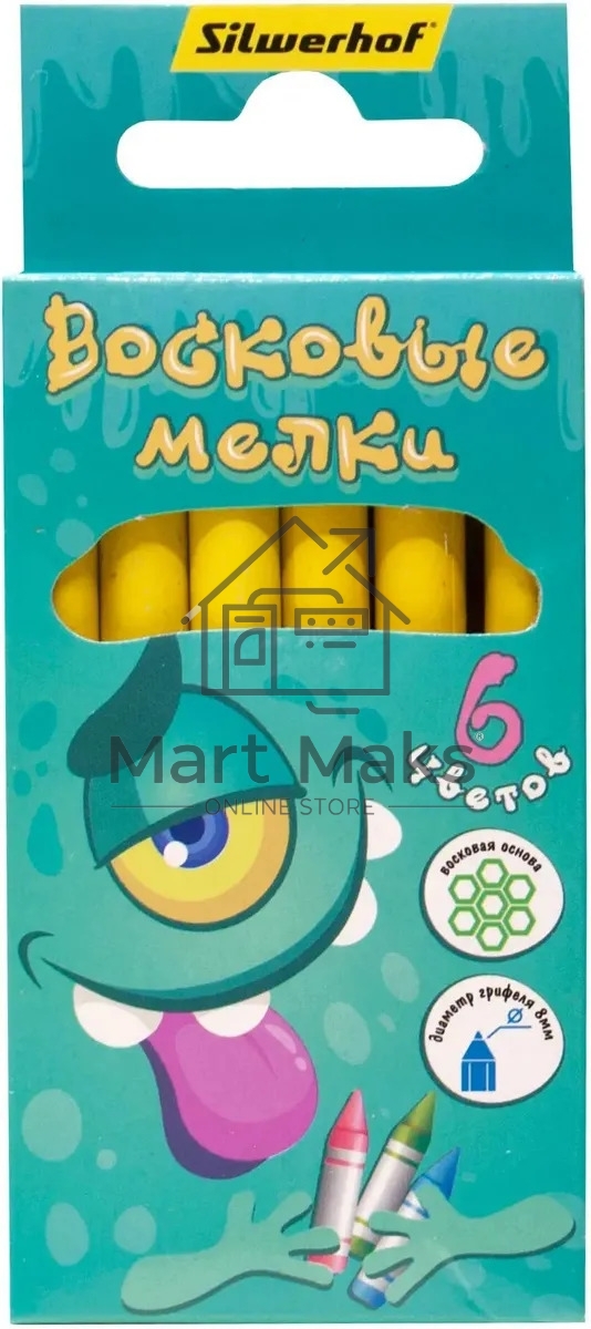 Восковые мелки Silwerhof Монстрики, круглые, 6 цветов, длина 89мм, диаметр 8мм, картонная коробка с европодвесом