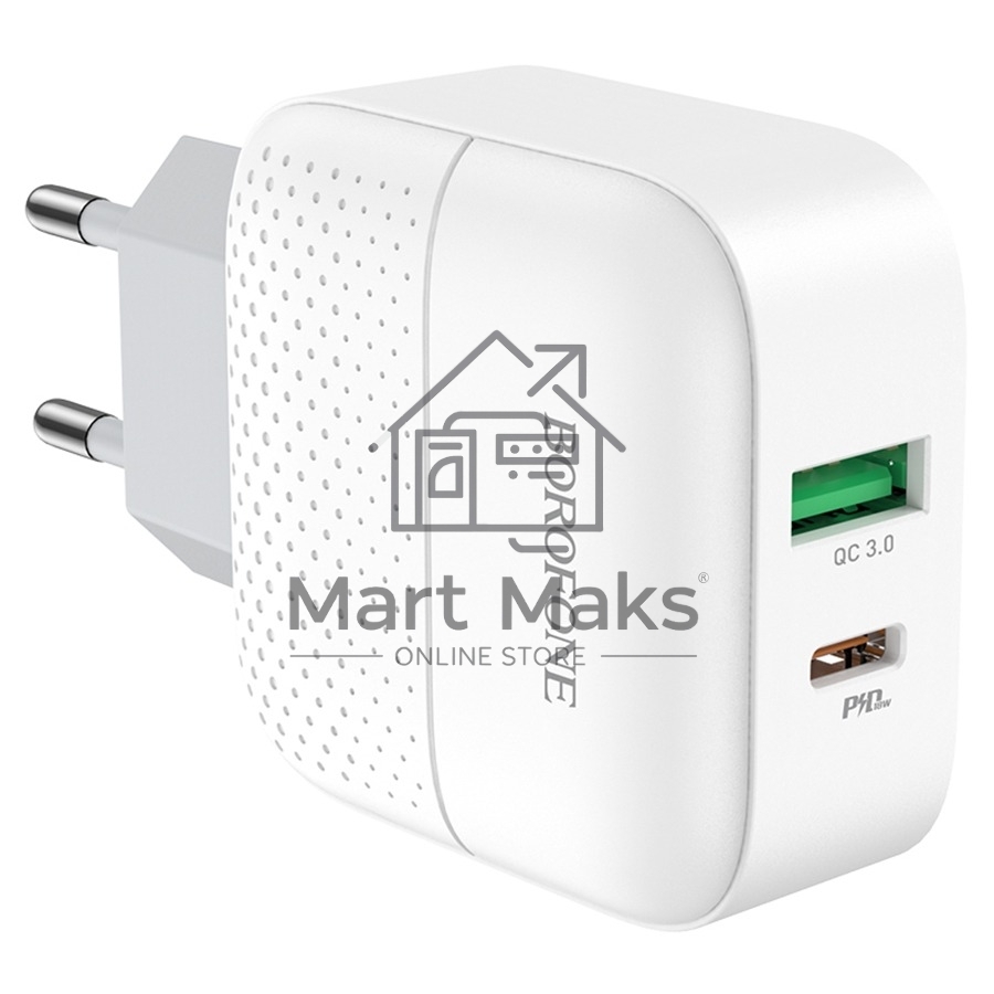 Зарядное устройство BOROFONE BA46A Premium, один порт USB, один порт Type-C, PD, 18W, 5V, 3.0A, белый