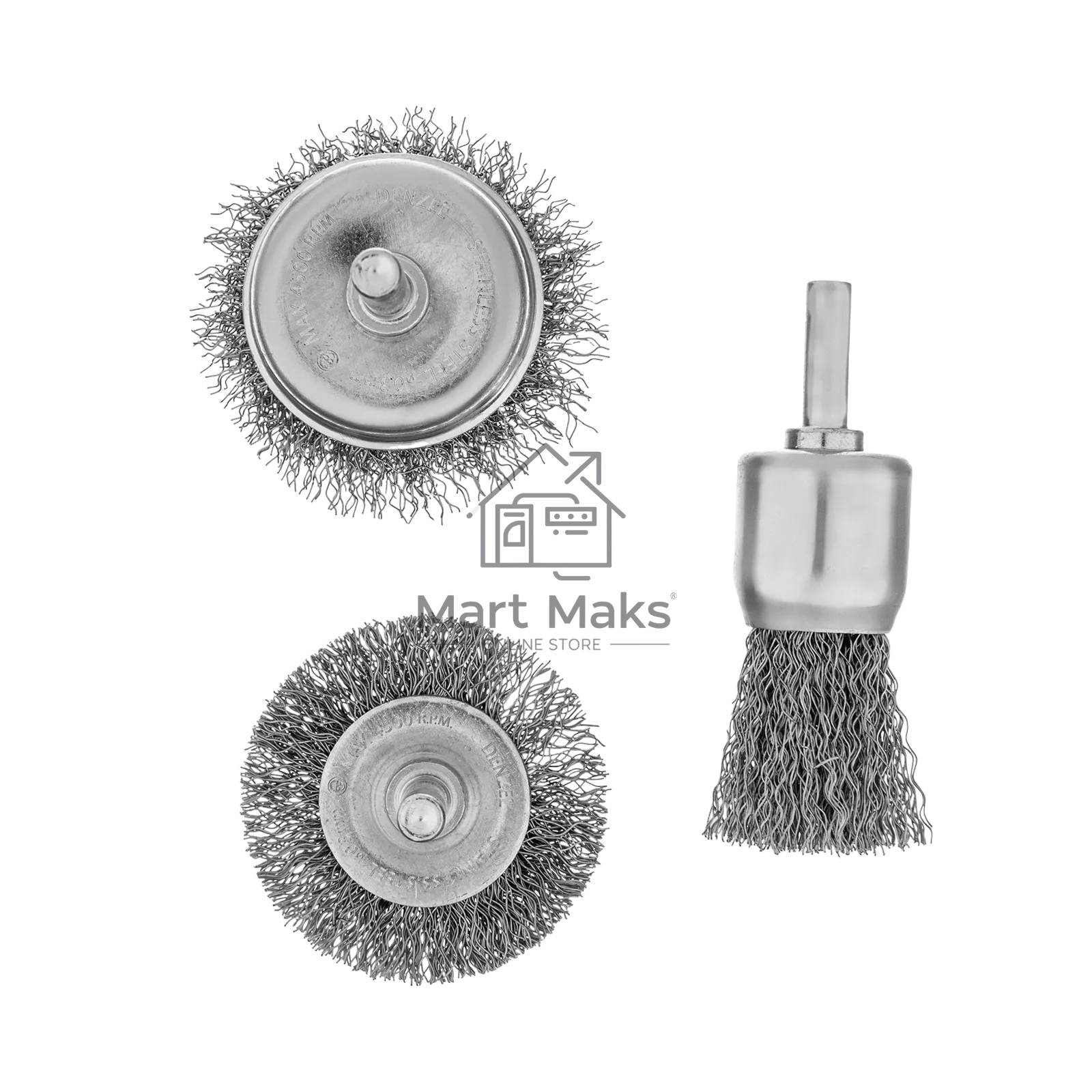 Набор щеток для дрели Denzel 1 Плоская 50 мм, 2 Чашки 25-50 мм, шпилька, нерж. вит. проволока