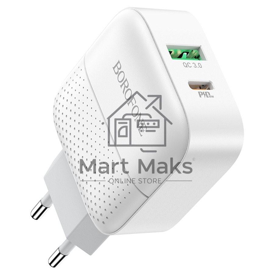 Зарядное устройство BOROFONE BA46A Premium, один порт USB, один порт Type-C, PD, 18W, 5V, 3.0A, белый