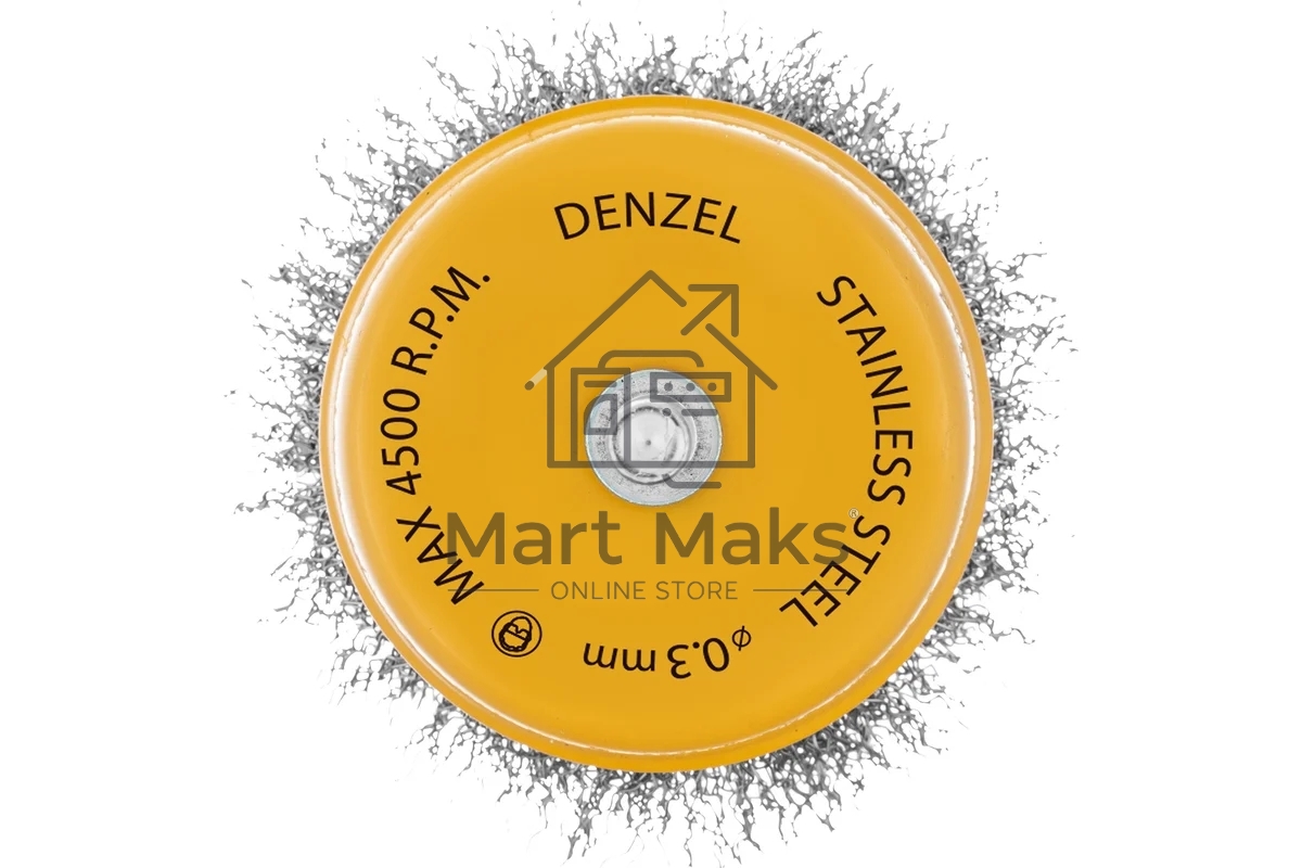 Щетка для дрели Denzel 75 мм, чашка, со шпилькой, нержавеющая витая проволока