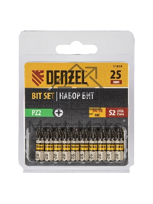 Набор бит Denzel PZ2х25, сталь S2, шестигранный профиль, 10 шт.